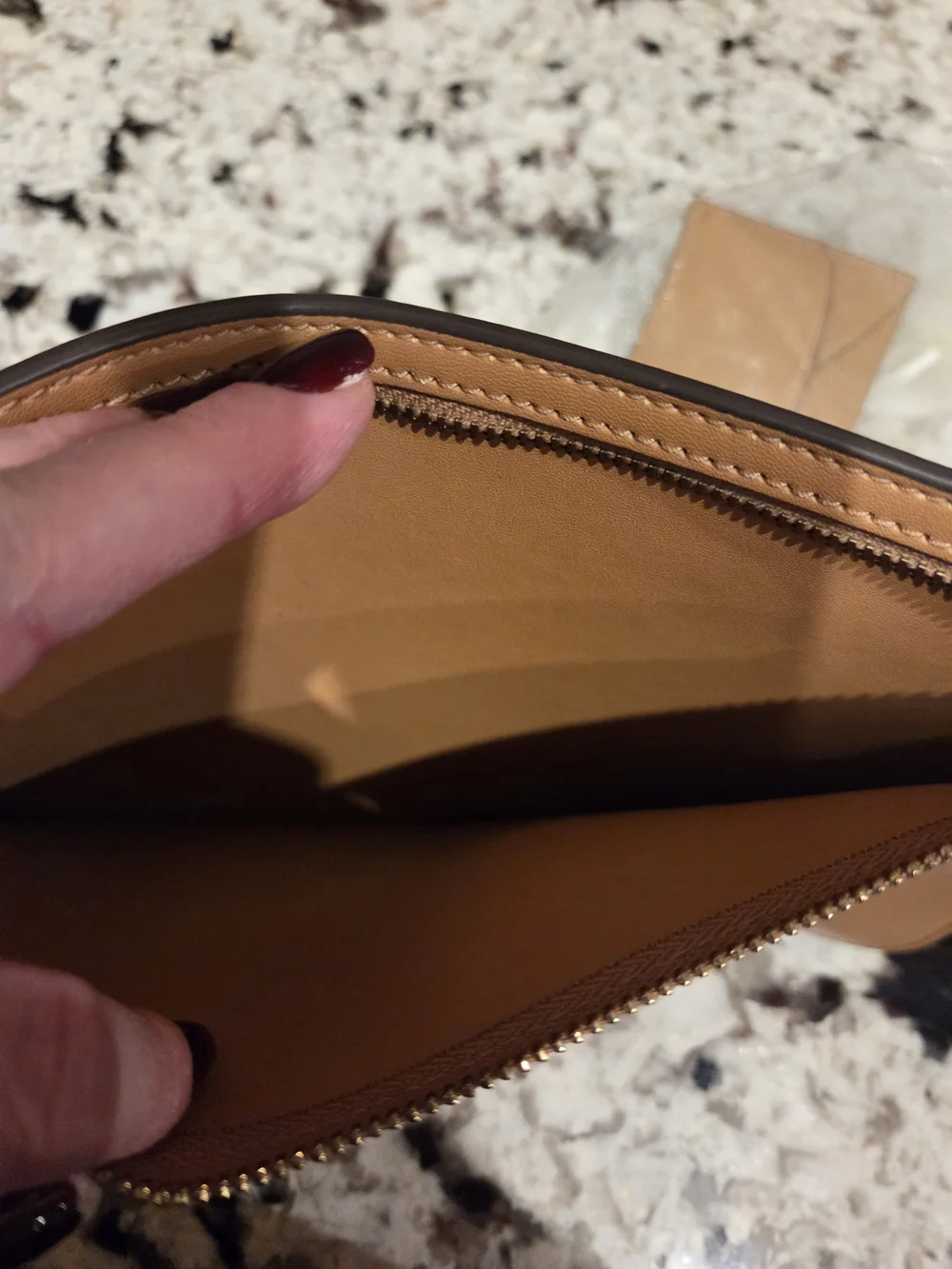 Tory Burch Tan Leather Zip Pouch with Gold Logo